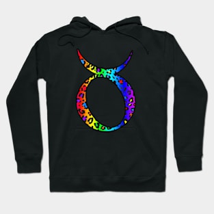 Taurus Zodiac Horoscope Symbol in Dark Rainbow Leopard Print Hoodie